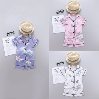 Perfecto bebé niños niñas pijamas lindo de dibujos animados impresión trajes conjunto de manga corta blusa Tops+pantalones cortos niños ropa de dormir conjunto