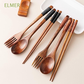 Elmer - juego de 3 utensilios de cubiertos portátiles, mango largo, madera, cocina Natural, tenedor, palillos, cuchara