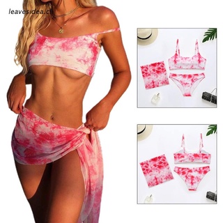 lea Women Sexy 3pcs Pink Tie-Dye Bikini Set Spaghetti Strap Bra Triangle Bottom Swimsuit with Beach Skirt Sarong Cover Up