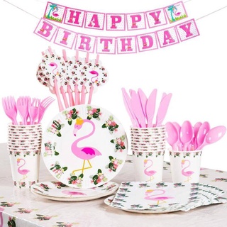 Flamingo party - placa de papel para fiesta de cumpleaños, fiesta, bandera, mantel, decoración, vajilla, suministros