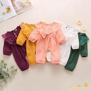 PFT7-0-24 meses bebé niñas manga larga encaje mono lindo Bowknot Color sólido mameluco para niños niñas