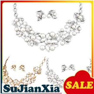 Sujianxia elegante nupcial imitación de perlas hojas gargantilla collar pendientes conjunto de joyería