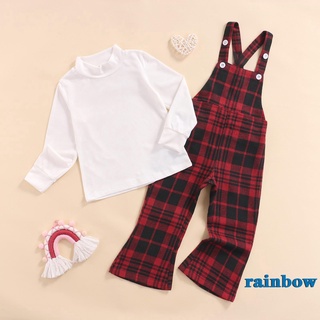 Rainbow-2 piezas trajes de navidad para bebés, niñas acanaladas de manga larga cuello redondo camiseta + pantalones de tirantes a cuadros (5)