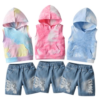 ❀Yv✫Niños niños moda 2 piezas conjunto de traje sin mangas con capucha Tie-dye Tops+Denim Shorts conjunto (1)