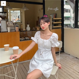 mujer estilo francés blanco vestido retro cuello cuadrado puff manga corta poliéster vacaciones falda para verano (8)