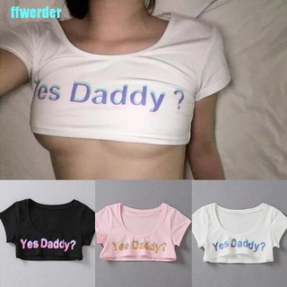 [ffwerder] Women Letter Print Short Sleeve Yes Daddy Short Top Sleeve Crop Running T Shirt