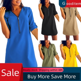 gooditem Plus Size Solid Color Women Zipper V Neck Roll Up Long Sleeve Loose Mini Dress