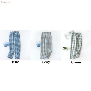 Hombres Casual verano suelto cintura elástica a cuadros azul gris pijama fondos pantalones ropa de dormir (4)