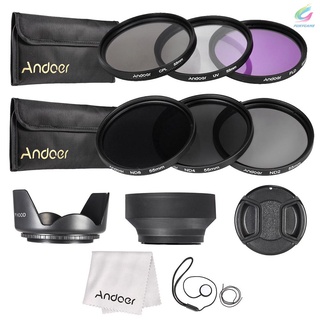 Kit de filtro de lente Andoer de 55 mm UV+CPL+FLD+ND (ND2 ND4 ND8) con bolsa de transporte, tapa de lente, soporte para tapa de lente, tulipán y capucha de lente de goma, paño de limpieza