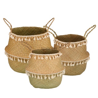 Teamwinm cesta de mimbre tejido de pasto marino cesta de almacenamiento de plantas de mimbre cestas colgantes de jardín florero maceta plegable con mango