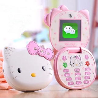 Lindo Mini Hello Kitty chica teléfono K688 Quad banda Flip de dibujos animados teléfono móvil desbloqueado niños niños Mini doble Sim teléfono celular (1)