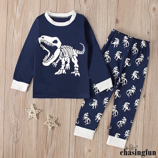 Chf-boys Casual de dos piezas pijamas conjunto, dinosaurio impreso patrón redondo cuello jersey y pantalones