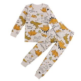 ✲Rz❥Conjunto de ropa de dormir de dos piezas para niños, diseño de dinosaurio de dibujos animados, manga larga, cuello redondo, Tops y pantalones