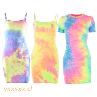 ynxxxx Womens Summer Sexy Spaghetti Strap Mini Bodycon Dress Tie-Dye Gradient Neon Colored Print Music Festivals Beach Party Clubwear (1)