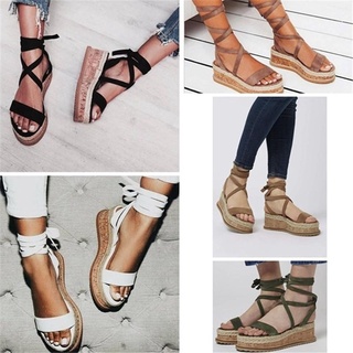 verano cuña de las mujeres sandalias de dedo del pie abierto sandalias casual encaje hasta sandalias de plataforma