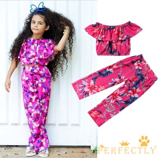 Pft7-Zz niños bebé niñas conjunto de traje, estampado Floral elástico escote hoja de loto Crop Tops + cintura alta pantalones largos conjunto
