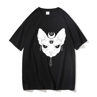 SASSYME t Shirt Gothic Star Punk Cat Print Tops Geometry Printed Short Sleeve Black Loose Punk Casual Femme Clothes (5)