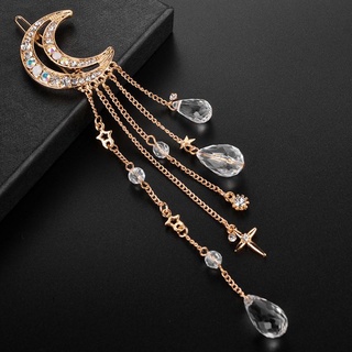 ott. Womens Retro Moon Glitter Rhinestone Hair Clip Faux Crystal Tassels Beads Charms Dangle Hairpin Bridal Jewelry Ponytail Barrette (8)
