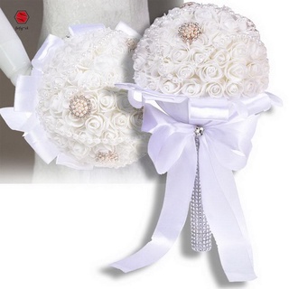 Ramo de mano de dama de honor flores artificiales de novia con perla de encaje para boda (1)