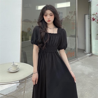 negro de talle alto vestido de cuello cuadrado para las mujeres con gran cortina y cintura falda larga (5)