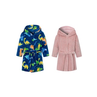 ☀Pop☁Unisex niños con capucha vestido de dormir, impresión de dinosaurio/Color sólido manga larga gruesa bata de baño (8)