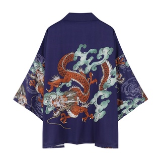 [alta Calidad] cárdigan de hombre más el tamaño de Kimono túnica estilo dragón impresión ropa pareja tendencia Streetwear