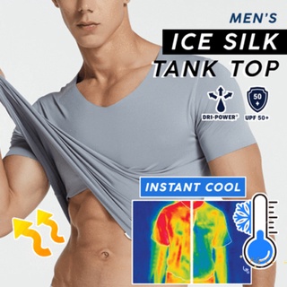 Los hombres de seda de hielo de secado rápido camiseta de manga corta cuello V Color sólido sin costuras transpirable superior