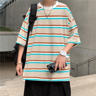 Los hombres de rayas camiseta--japonés rayas ins de manga corta t-shirt estilo suelto de media manga t-shirt tendencia salvaje de cinco puntos de manga de alma de mar camisa masculina
