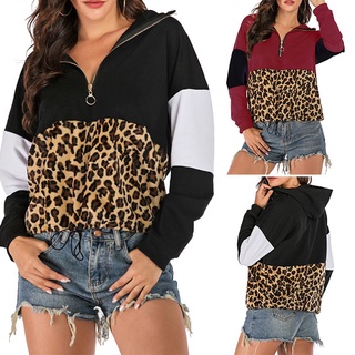 las mujeres sudaderas con capucha panelled leopard impreso media cremallera sudadera con capucha de manga larga jersey tops negro tamaño s