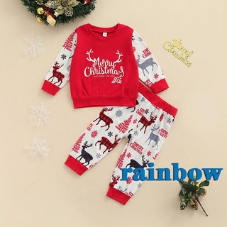 Rainbow-unisex bebé navidad conjunto de ropa, ciervo impresión de manga larga O-cuello camiseta+pantalones elásticos de cintura