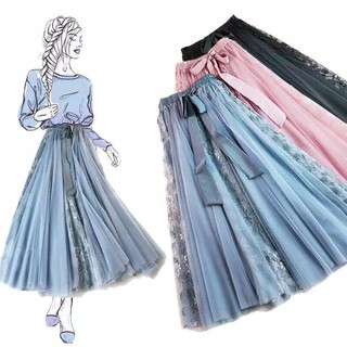Venta caliente de gama alta versión coreana 4 colores malla de encaje arco falda larga temperamento pettiskirt mujer moda falda