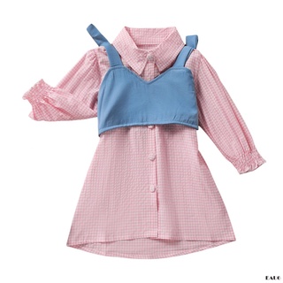 E6-kids traje conjunto, cuadros Turn-Down cuello de manga larga vestido+Color sólido V-cuello chaleco para primavera otoño, 1-6 años