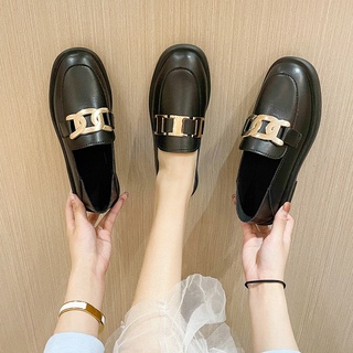 Mocasines pequeños zapatos de cuero para mujer 2021 verano nuevos tacones planos coreanos negros suela gruesa salvaje guisantes zapatos individuales (1)