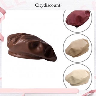 <citydiscount> Fashion Women Solid Color Faux Leather Beanie Beret Cap Warm Flat Painter Hat
