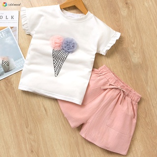 [COD] Two Piece Ice Cream Shirts Solid Color Casual Pants Girl Outfit Summer Clothes