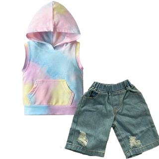 ❀Yv✫Niños niños moda 2 piezas conjunto de traje sin mangas con capucha Tie-dye Tops+Denim Shorts conjunto (5)