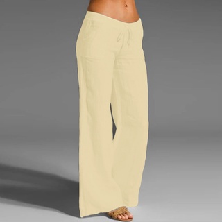 Beautyu_Mujer Casual sólido algodón lino cintura elástica cordón largo ancho pierna pantalones (7)