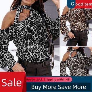 gooditem tops de manga larga oblicua hombro elegante mujeres fuera del hombro leopardo tops para fiesta