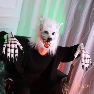estable fiesta cosplay vestir faceshield lobo garras guantes horror cabeza máscara conjunto de halloween hombre lobo disfraz