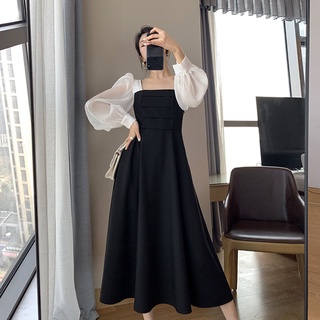 francés cuello cuadrado burbuja manga negro vestido retro sexy temperamento slim-fit vestidos de adelgazamiento (2)