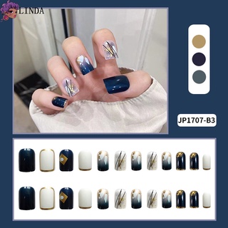 Linda 24pzas De hojas De oro Azul De uso corto para uñas De manga corta para manicura parche De uñas (6)