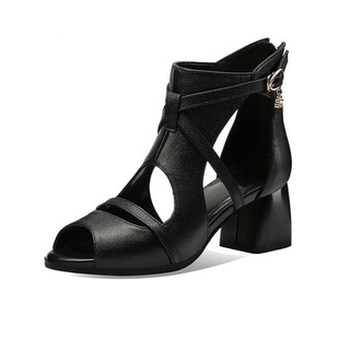 2021summer de las mujeres suave sandalias de cuero nuevo tacón alto estilo romano zapatos Peep Toe tacón grueso de las mujeres mediados tacón sandalias