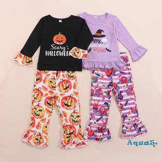 Aqq-niño niñas 2Pcs trajes de Halloween, manga larga letra impresión Tops + volantes pantalones conjunto