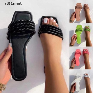[rt] Mujeres tejen zapatillas sólidas dedo del pie cuadrado costura Casual diapositivas verano playa comodidad plana más tamaño.