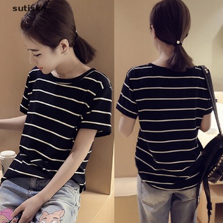 Sutiska Korean Women Striped Shirts Loose Short Sleeve O-Neck T Shirts Casual Top Tees CL