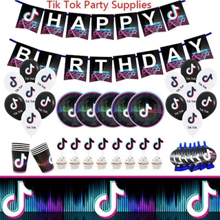 Tik Tok Tema de cumpleaños / Artículos de fiesta / Mantel Banner Cubiertos / Platos / Tazas