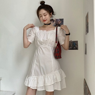 Dress With Ruffles Square Collar Ruffled Waist Short Skirt Female Student All-Matched Comfotable (4)