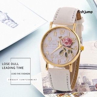 [fishjump] reloj de pulsera de cuarzo con correa de cuero sintético con números árabes y flor redonda para mujer