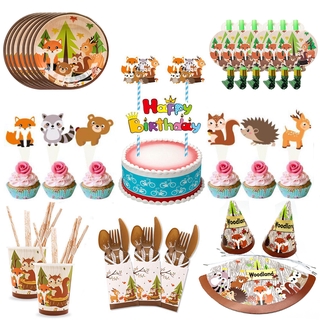 Niños marrón de dibujos animados Animal fiesta de cumpleaños decoración Zoo zorro oso bandera desechable vajilla decoración de fiesta (4)