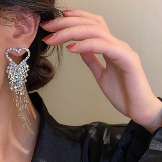 925Pendientes de borla con forma de corazón de cuentas de diamantes europeos y americanos con aguja de plata pendientes largos con joyas y temperamento joyería de oreja exagerada para mujer